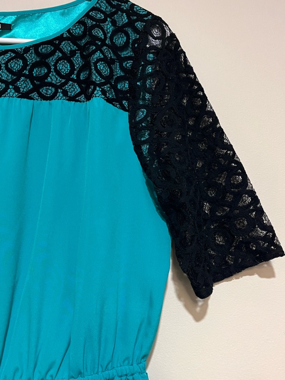 Gianna Bini | Blouson elastic waist mini dress Women’s size L turquoise & lace - Picture 2 of 6